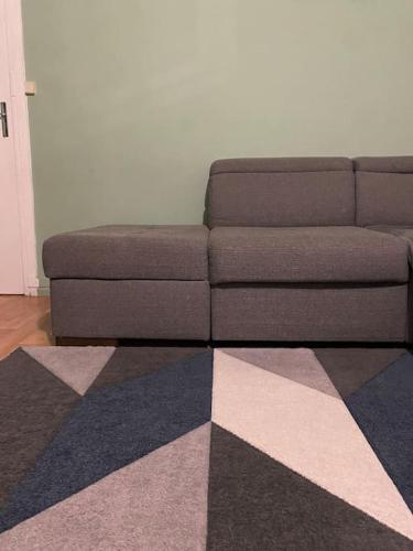 eine Couch in einem Wohnzimmer mit einem karierten Teppich in der Unterkunft Appartement duplex in Asnières-sur-Seine