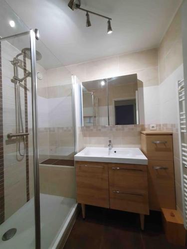 une salle de bain avec un lavabo et une douche dans l'établissement F3 avec balcon 5 min gare SQY et Parking gratuit, à Guyancourt