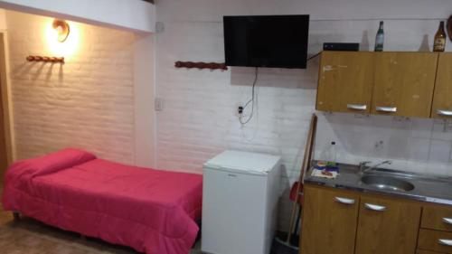 a small bedroom with a red bed and a sink at Lo de Lili Departamentos Mina Clavero in Mina Clavero
