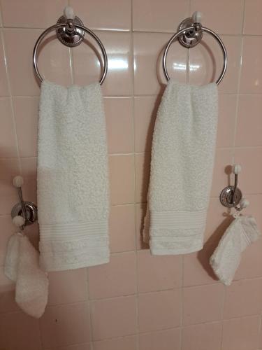 three white towels hanging on a wall in a bathroom at Kanalu Studio in Bouillante