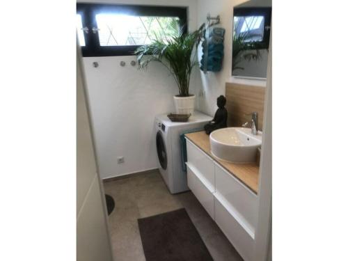 HambührenにあるCharming apartment in Husumの洗面台と洗濯機を備えたバスルーム