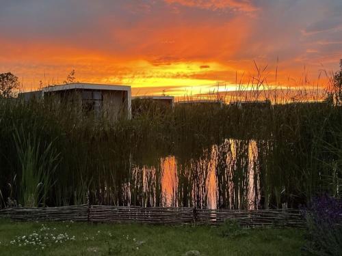 a sunset in a field with a water fountain at Holiday home with motorboat in Olburgen