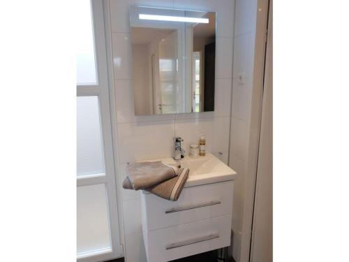een badkamer met een wastafel en een spiegel bij Holiday home with motorboat in Olburgen