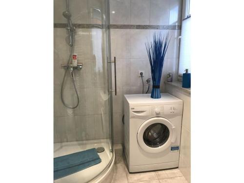 een badkamer met een douche en een wasmachine bij Holiday apartment in Southern Alps in Haffkrug