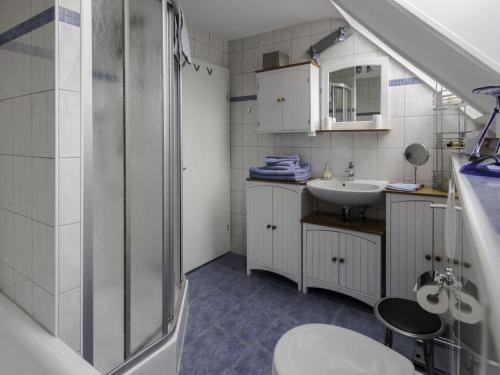 uma casa de banho com um lavatório, um chuveiro e um WC. em Apartment in Tauberbischofsheim em Tauberbischofsheim