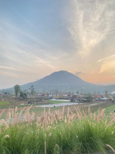 a mountain in the distance with a town and a river at The Batur Elevation in Kubupenlokan
