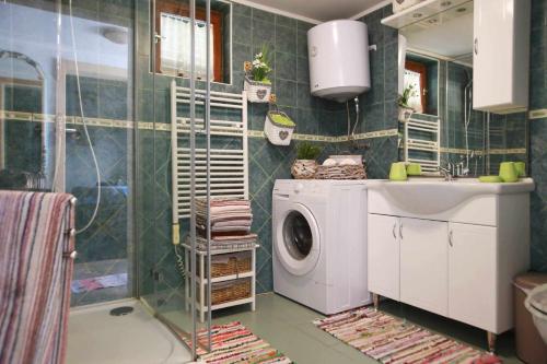 ein Badezimmer mit einer Waschmaschine und einem Waschbecken in der Unterkunft Holiday house with a parking space Zuta Lokva, Senj - 22686 in Brinje