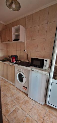 een keuken met een wasmachine en een magnetron bij SylvanoStudioCenter in Ploieşti