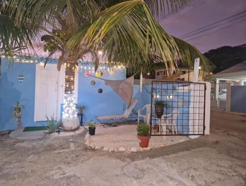 a house with a palm tree and a blue wall at stay vacation home curaçao in Willemstad