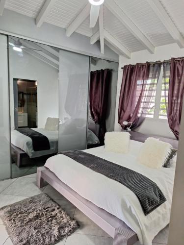 sypialnia z dużym łóżkiem i lustrem w obiekcie Villa Almeida à 500m de la plage w mieście Courcelles Sucrerie