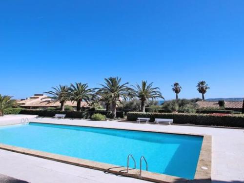 une piscine avec des palmiers en arrière-plan dans l'établissement Appartement 3 pièces climatisé avec terrasse et piscine privée à Sainte-Maxime - FR-1-780-33, à Sainte-Maxime