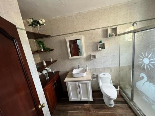 a bathroom with a toilet and a sink and a shower at Casa Amplia con Piscina in San Felipe de Puerto Plata