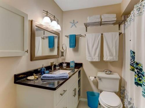 a bathroom with a sink and a toilet and a mirror at Amelia Island Paradise Rental! in Fernandina Beach