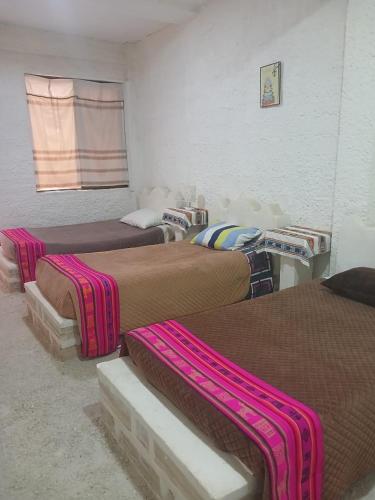 um quarto com três camas com cobertores cor-de-rosa e castanho em Beds of salt G em Potosí