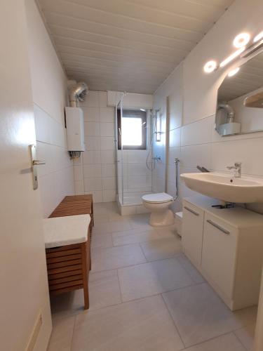 uma casa de banho branca com um lavatório e um WC em Ferienwohnung Neckarblick em Heidelberg