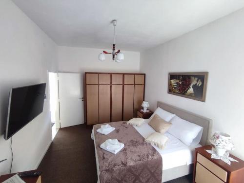 a bedroom with a bed and a flat screen tv at Old House Lapis- pool, hot tub, BBQ in Zadvarje