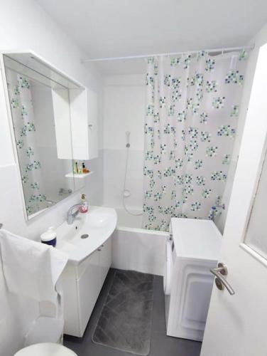a white bathroom with a sink and a toilet and a tub at Old House Lapis- pool, hot tub, BBQ in Zadvarje