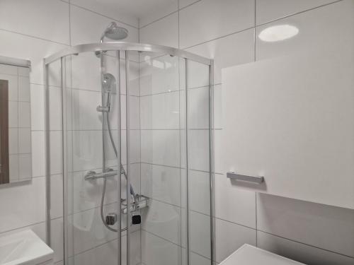 eine Dusche mit Glastür im Bad in der Unterkunft Colibri Apartment in Baden-Baden