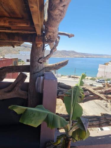 a view of the beach from a house with a plant at Imsouane Bay 2 Bedroom Suite Ocean View Terrace in Imsouane