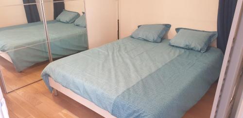 a bedroom with two beds and a mirror at Magnifique appartement rénové avec terrasse in Guyancourt