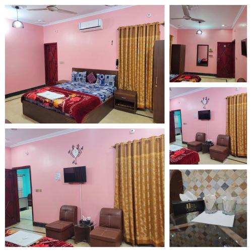 un collage de fotos de un dormitorio con cama y TV en Jinnah inn Guest House, en Karachi
