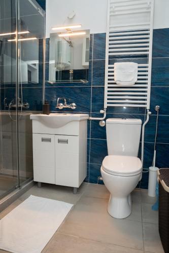 a bathroom with a toilet and a sink and a shower at Tommy Apartment in Belgrade