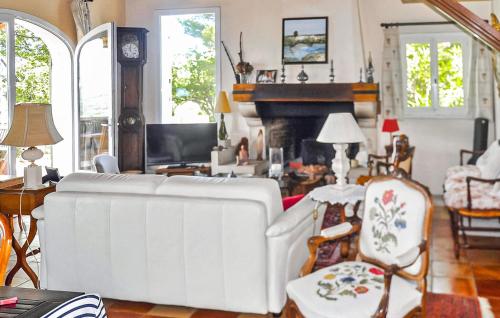 un salon avec un canapé blanc et une cheminée dans l'établissement Le Mas Des Oiseaux, à Vaison-la-Romaine