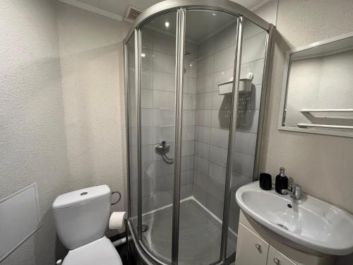 ein Bad mit einer Dusche, einem WC und einem Waschbecken in der Unterkunft Imantas apartment in Daugavpils