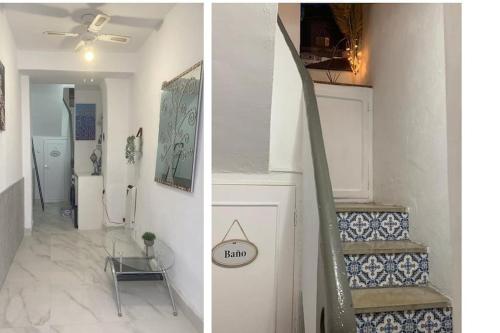 two pictures of a hallway with a staircase and a room at Cute and characterful townhouse in Oliva