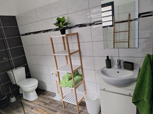 un baño con inodoro y lavabo en Bungalow tiayo, en Saint-Leu
