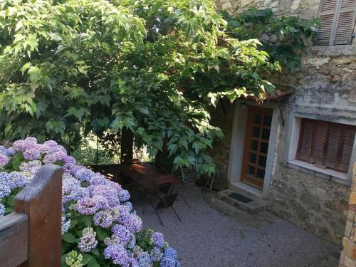 een tuin met paarse bloemen voor een gebouw bij Maison de village calme et agréable in Albitreccia