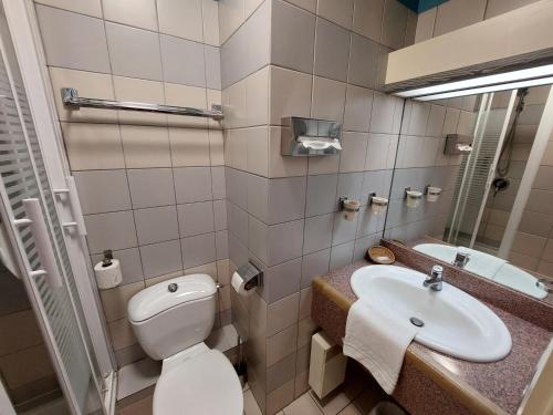a bathroom with a toilet and a sink at Logis Hôtels - Hôtel et Restaurant Le Lion d'Or in Gramat