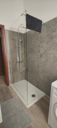 La salle de bains est pourvue d'une douche avec une porte en verre. dans l'établissement La Sosta Domodossola, à Domodossola
