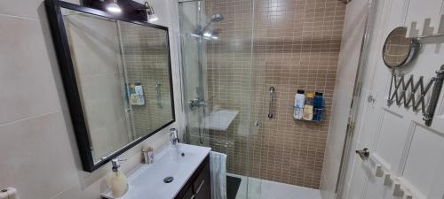 a bathroom with a sink and a shower with a mirror at VIDABRAVA, Sagaro garden loft in S'Agaro
