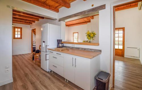 une cuisine avec des armoires blanches et un plancher en bois dans l'établissement Aleria, à Pancheraccia