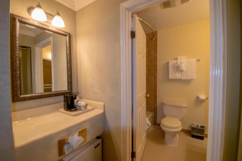 a bathroom with a sink and a toilet and a mirror at The Morgan Hotel San Simeon in San Simeon