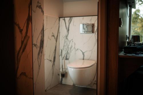 a bathroom with a toilet and a marble wall at HarTeluk Joure in Joure