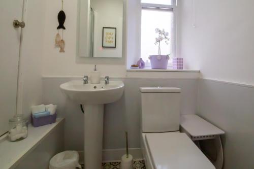a white bathroom with a toilet and a sink at 5 wheelhouse apartments in Lochinver