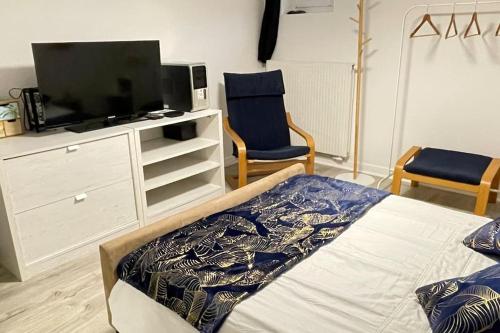 1 dormitorio con 1 cama, TV y silla en Chambre chez l'habitant à Vauxbuin, en Vauxbuin