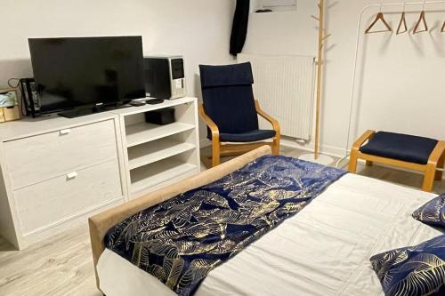 a bedroom with a bed and a tv and a chair at Chambre chez l'habitant à Vauxbuin in Vauxbuin