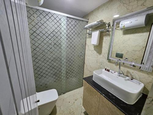 ein Badezimmer mit einem Waschbecken, einem WC und einem Spiegel in der Unterkunft SS LUMINA GUEST HOUSE in Bangalore