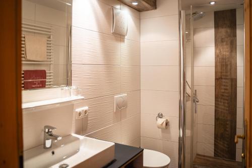 a bathroom with a sink and a toilet and a shower at Singerskogel - Ferienhof und Jausnstub`n in Spital am Pyhrn
