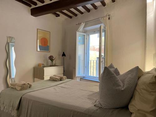 ein Schlafzimmer mit einem großen Bett und einem Fenster in der Unterkunft Casa storica nel cuore di Pisa - Lungarno in Pisa