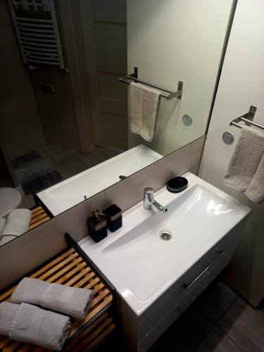 a bathroom with a white sink and a mirror at Apartament Pogodny in Łeba