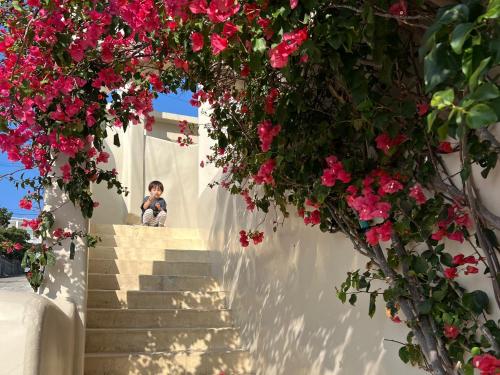 a person sitting on the stairs with pink flowers at Yuki Suite Kourijima in Nakijin
