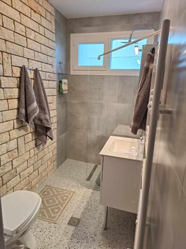 a bathroom with a shower and a sink and a toilet at Polys Apartment and Paraskevi studio with view in Ptolemaida