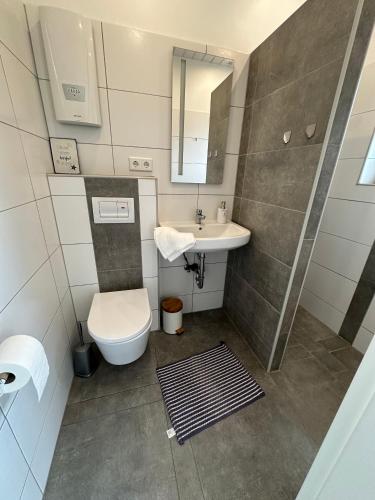 a bathroom with a toilet and a sink at Ferienhaus Lillehus in Fehmarn