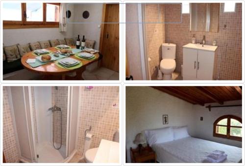 een collage van vier foto's van een badkamer en een slaapkamer bij VILLA ELENI in Khalkoútsion