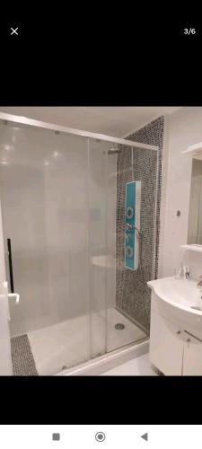 une salle de bain avec douche et lavabo dans l'établissement Appartement à Nice, à Nice