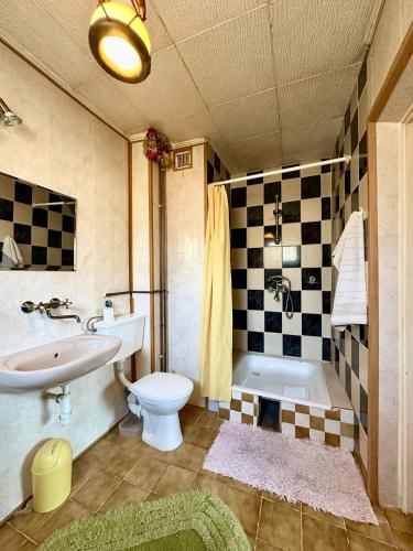 łazienka z umywalką, toaletą i wanną w obiekcie Agro-Raj u Joli Charbrowo w mieście Charbrowo